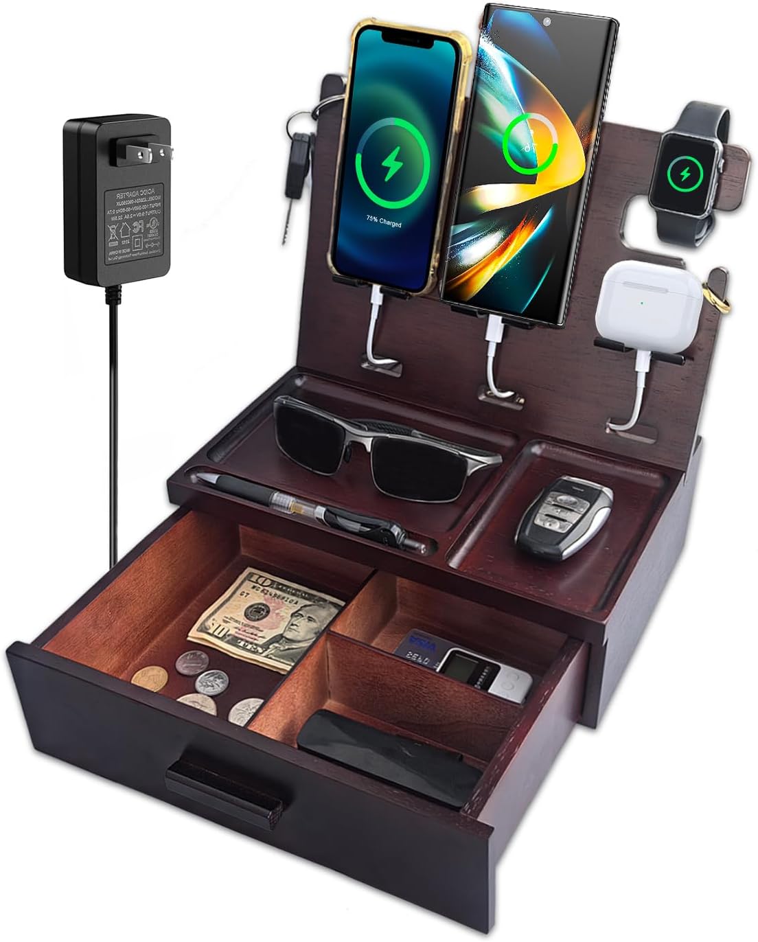 Wood Phone Docking Station with Drawer Built in 4 USB Charger, Nightstand Organizer with Dual Phone Charging Station for Apple Android Phones Anniversary Birthday Gifts for Men Dad Hunsband Mom