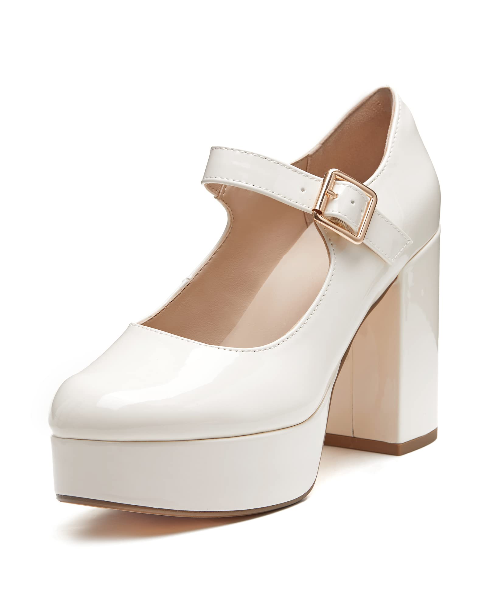 Coutgo Womens' T-Strap Round Toe Chunky Platform Heels Patent Mary Jane Dress Shoes