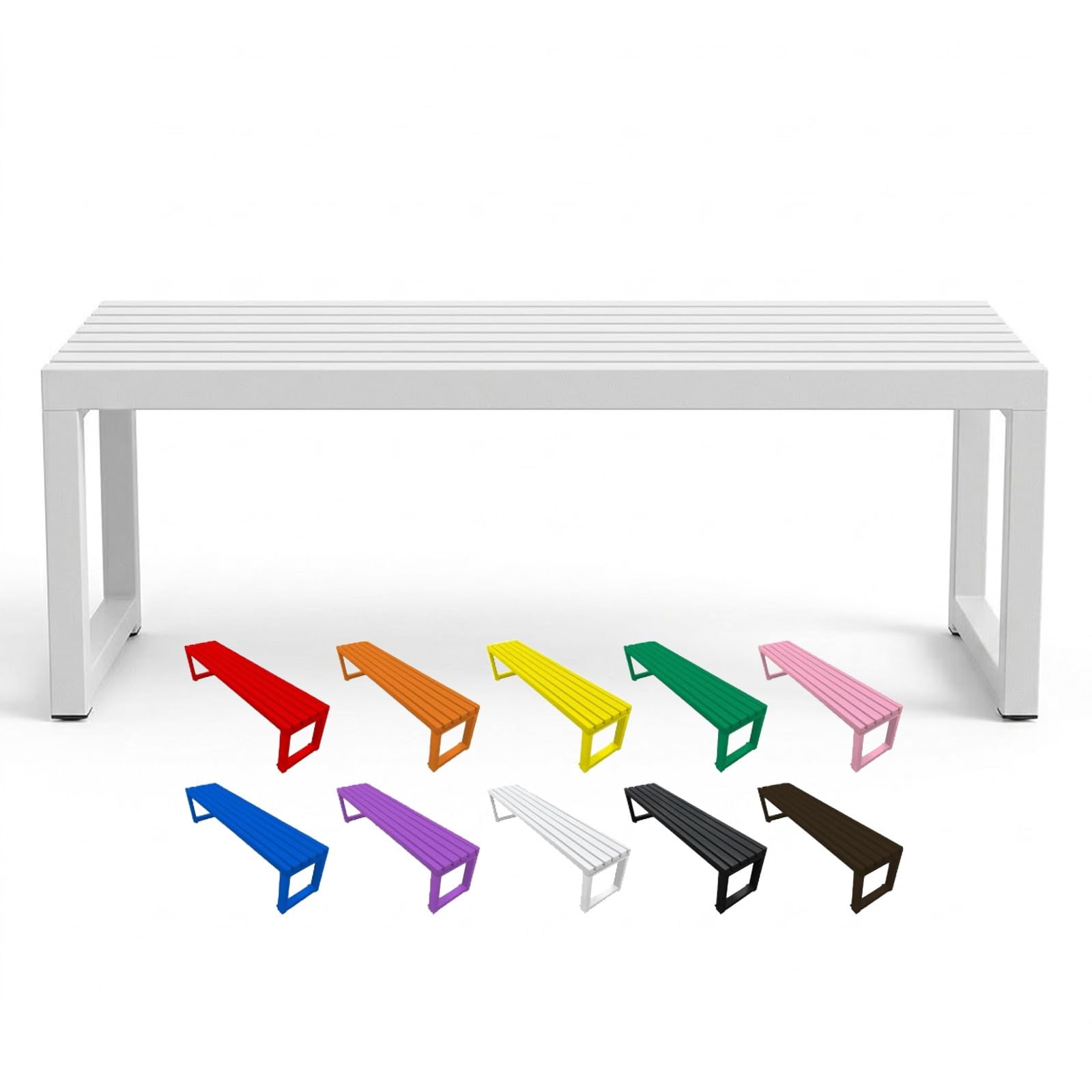 Banco de jardín de metal resistente a la intemperie de 1 m, asiento de comedor sin respaldo para 2, capacidad de 880 libras, diseño de listones para porche, patio, terraza, piel blanca para exteriores