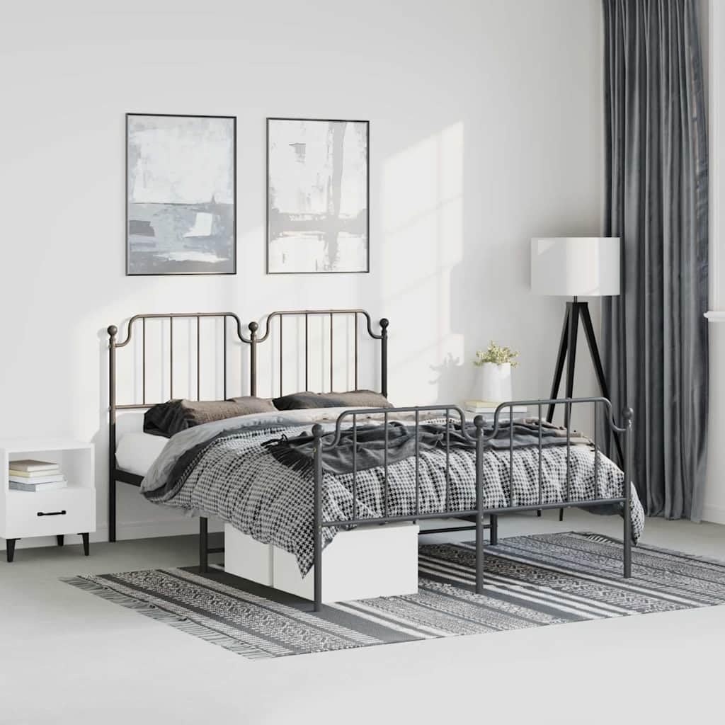 Black Metal Bed Frame 135x190cm with Slats and Underbed Storage | Heavy-duty steel platform requires no box spring, offering stable support for bedrooms and guest rooms.