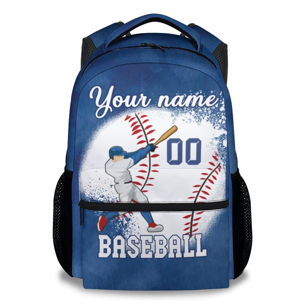 Custom Teen School Backpack - 17 Inches Funny Personalized Baseball Backpacks for Boys - Blue Durable Bookbag for Highschool