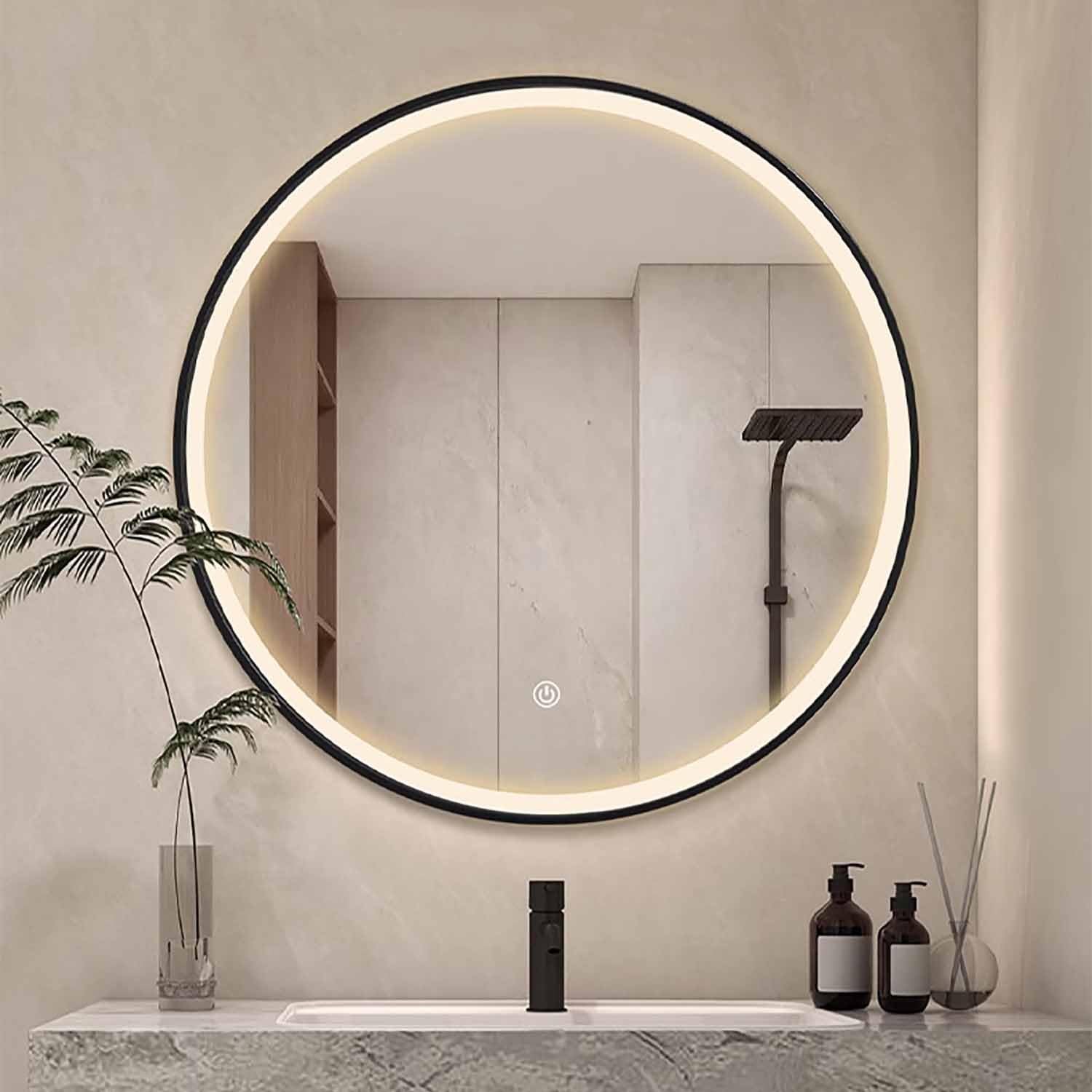 SXFSDOU 110cm Round Bathroom Mirror with 3 Color LED Lights 70cm Dimmable Makeup Decorative Wall Metal e Anti-Fog (Black 24")