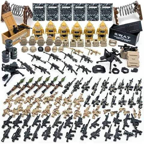 Military Weapon Pack Army Accessories Kits Toys Include Camouflage Guns Shields E.O.D Suits for Army Soldiers Weapons Equipment Gear Set Compatible with Major Minifigure Building Block Toy (200+pcs) Cover