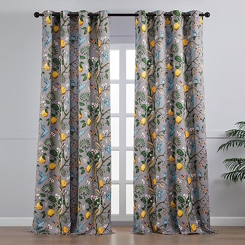 Image of Topfinel Gray Patterned Curtains 96 Inch Long for Living Room, Bedroom Blackout Elegant Vintage Botanical Floral Hummingbird Drapes Grommet Window Treatments for Sliding Door 2 Panel 96 Inch Length