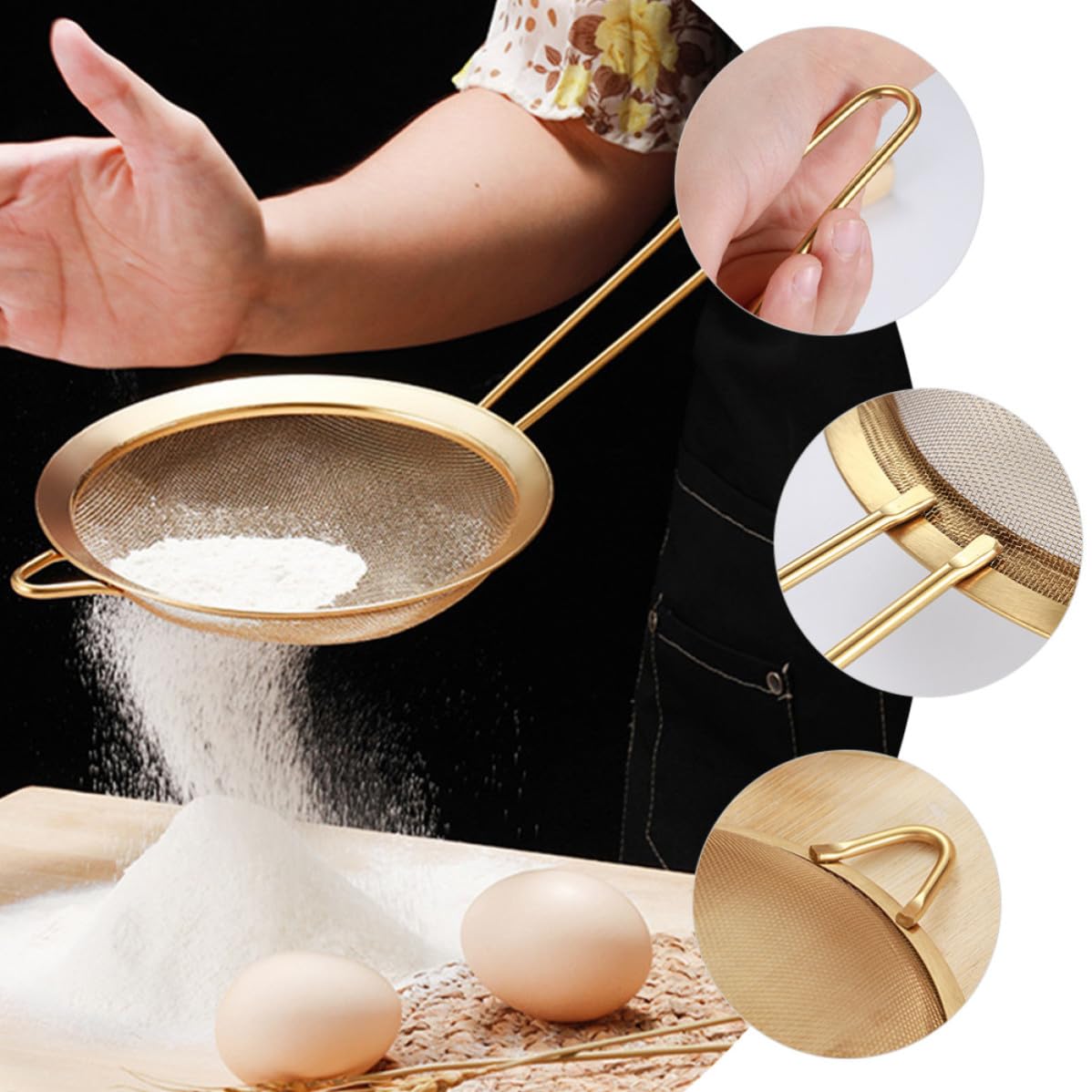 Set da 3 Pezzi Colino a Rete Fine in Acciaio Inox Dorato Foro per Appendere, Filtro Multifunzione per Succo, Farina e Uso Cucina
