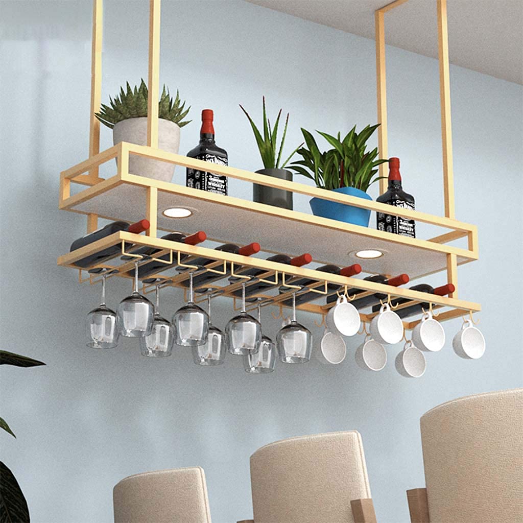 Casier à vin suspendu au plafond en fer à 2 couches pour bouteilles et verres