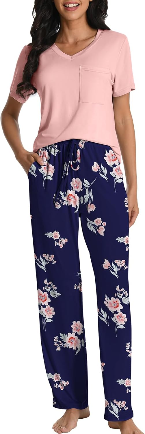 COSSEN Women’s Pajama Set 2 Piece Super Soft Sleepwear Short Sleeve Top and Pants with Pockets Long Sleeve PJ Sets - Image 2