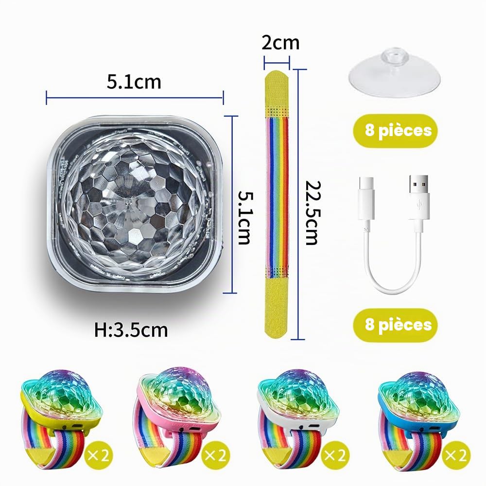 8 Pièces Montres Disco Lumineuses à LED, Bracelet USB Rechargeable Stroboscope Avec Ventouse, Mini Lumière Disco Portable Sensible Au Son, Pour Party Voiture Danse DJ Club