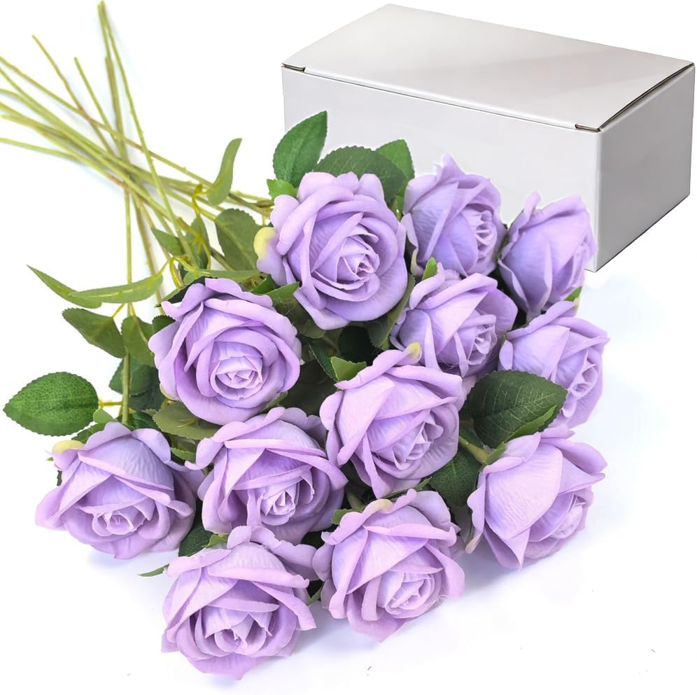 Jasion 12PCS Artificial Roses Realistic Velvet Silk Flowers Long Stem Faux Flowers Bouquet for Wedding Home Party Table Centerpieces Decorations (Light Purple) - Image 6