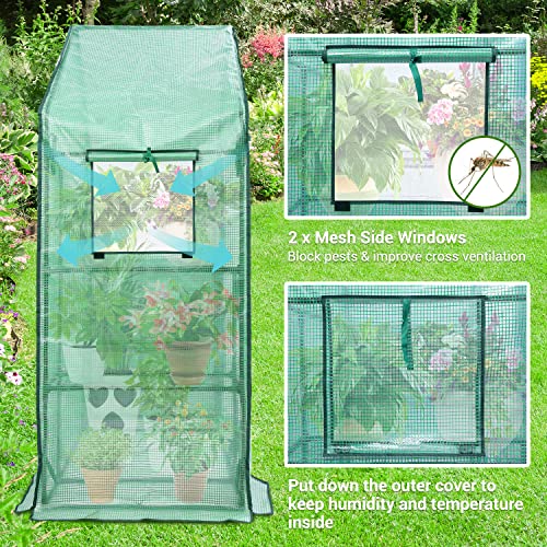Image of Ohuhu Greenhouse for Outdoors with Mesh Side Windows, 3 Tiers 4 Shelves Small Walk-In Green House Plant Stands Plastic PE Cover Outside Portable Warm House for Seedling Flowers Growing, 4.8x2.5x6.4 FT