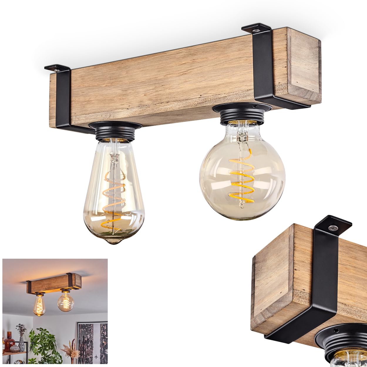 Hofstein Black Ceiling Light Montgomery, Modern Ceiling Lamp Made Of Metal/Wood In /Nature, Light In Industrial Style, Retro/Vintage Light 2-Flame With Wooden Beam, 2 X E27 Socket. Without Bulbs