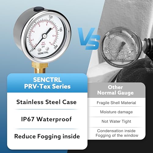 Miniatura 61 de SENCTRL Medidor de presión sin plomo de 100 psi, dial de 2 pulgadas, montaje inferior 1/4 NPT, impermeable, caja de acero inoxidable, para tanque