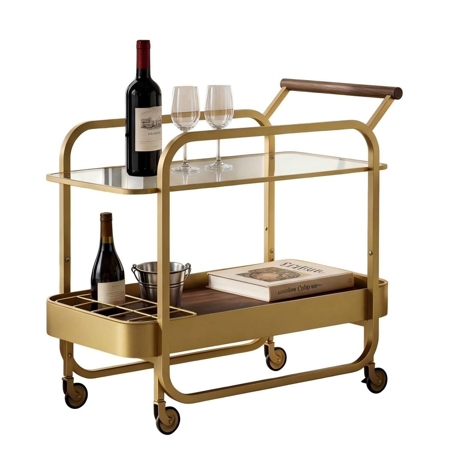 Carrito de Bar 2 Niveles, Carrito de Bebidas con Bandeja de Vidrio Templado y Rejilla para Botellas, Carro de Bar con Ruedas Bloqueables, Carrito Multiusos para Cocina, Salón, Dorado