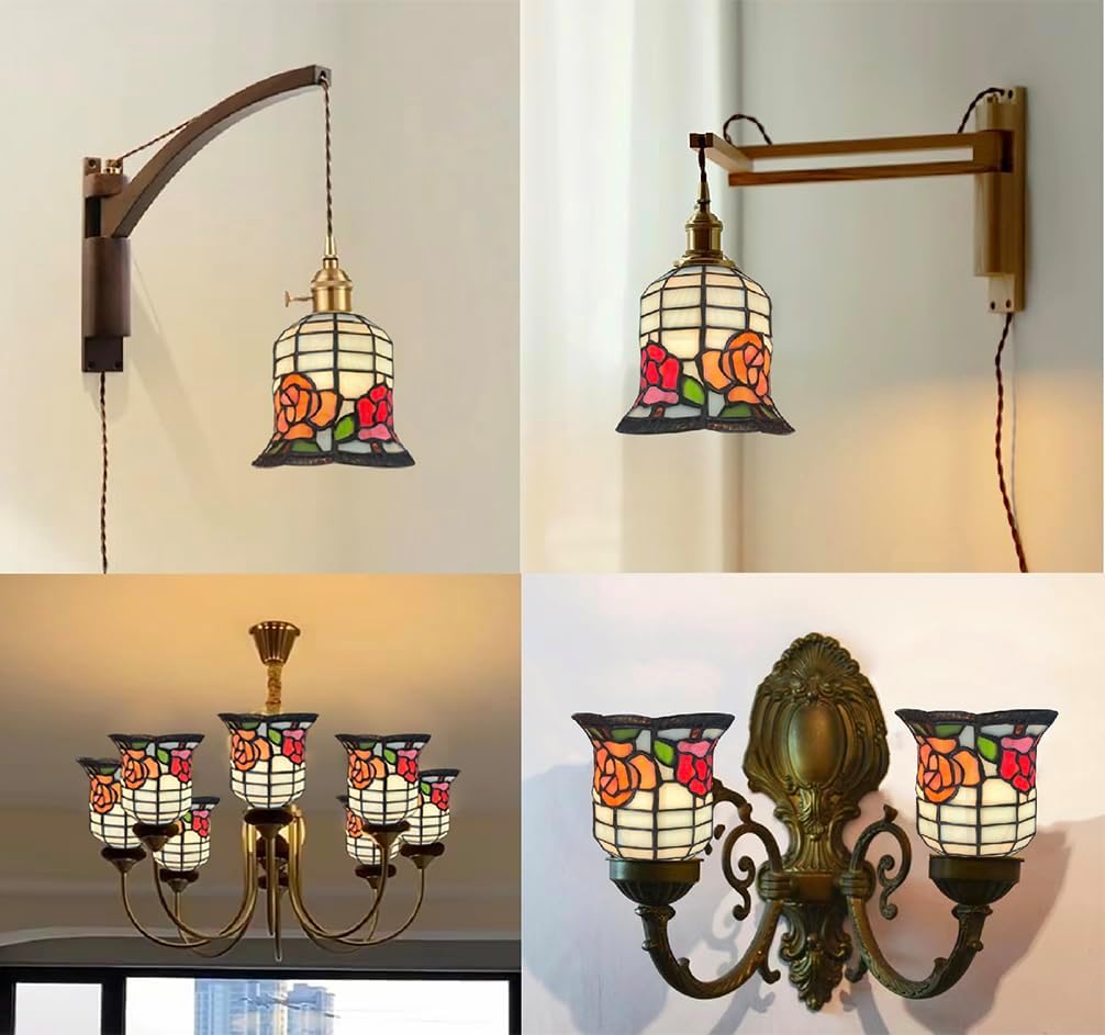 tiffany stained glass replacement lampshade.Rose flower patten ，Fan lamp replacement lampshade.Suitable for bedrooms,studyrooms,corridors and wall lamps.DYM9018