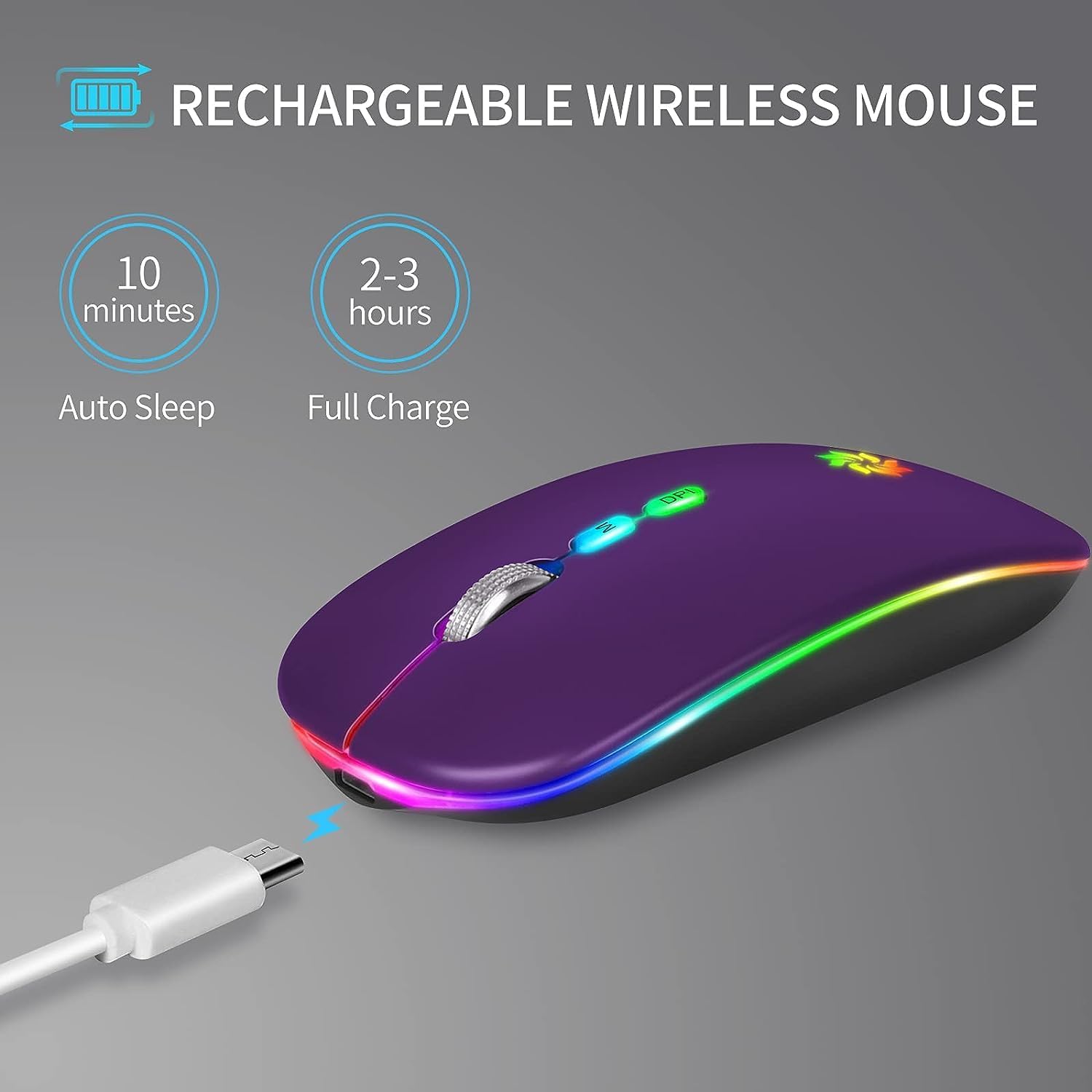 KBCASE Wireless Mouse, LED Wireless Mouse for Laptop, Slim Silent Mouse 2.4G Rechargeable Wireless Computer Mouse for Laptop, MacBook, iPad, Chromebook, with USB & Type-c Receiver