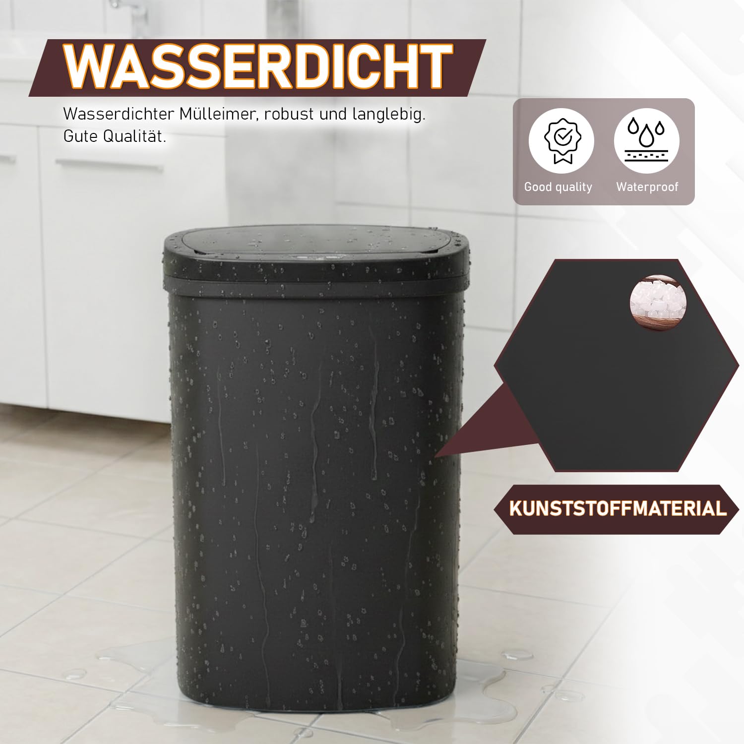 FDW Mülleimer mit Sensor & Deckel, Kunststoff, 50 L Küchenmülleimer, Smart, Automatisch, Berührungslos, Elektrischer Mülltonne, Wasserdicht, Schwarz