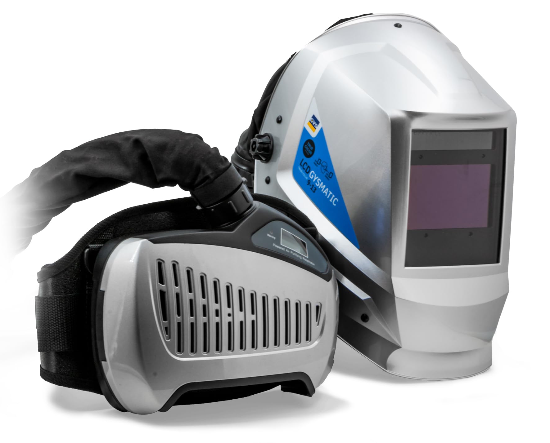 GYS, Masque de Soudage Respiratoire LCD GYSMATIC 3/9-13 G AIR True Color XL, Champ de Vision 100x60mm, Assombrissement Auto 0,04ms, Classe Optique 1/1/1/1, Filtre TH2 pour MMA, TIG, MIG/MAG & Meulage