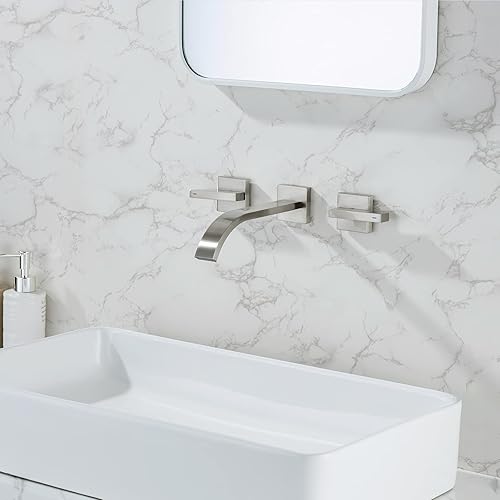 Miniatura 2 de Grifo de pared de latón níquel cepillado montado en la pared grifo de baño, grifo de fregadero de baño de montaje en pared, manija de doble palanca,