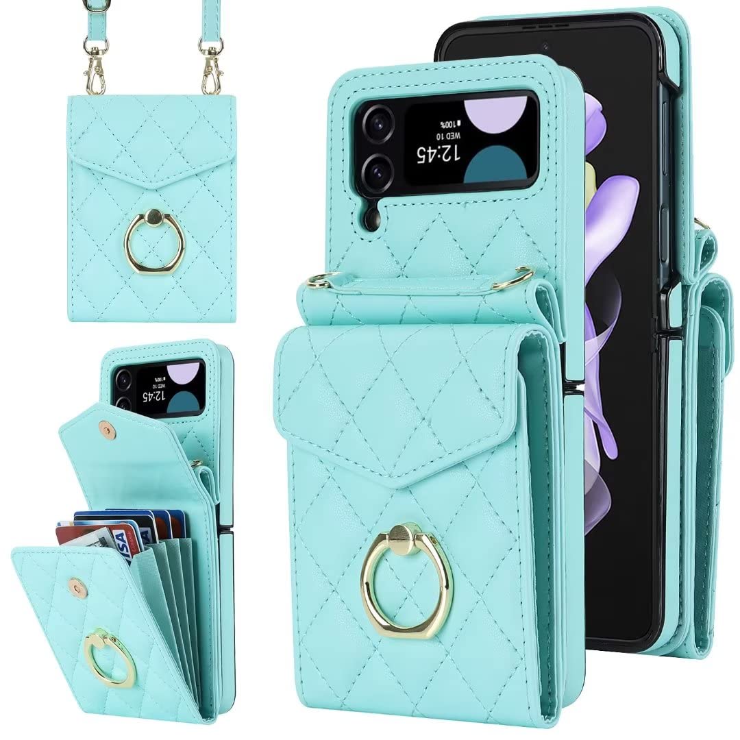 XIMAND for Samsung Galaxy Z Flip 4 Wallet Phone Case with Ring and Adjustable Crossbody Strap, Stylish and Muti-funtional Accordion Style Flip Case with 4 Card Slots for Women and Girls.(Green)