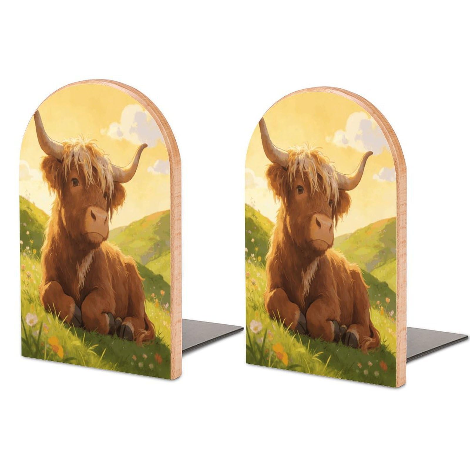 Highland Cow Chillin Book End for Shelves Book Shelf Holder Home Decorative Non Skid Book Stoppers Universal Economy Bookend Wood Handmade Heavy Duty Bookend for Home Office 1 Pair
