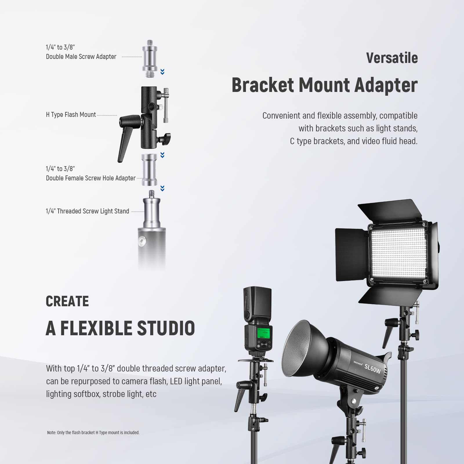NEEWER Cameraflitsbeugel H-type houder met paraplu-softboxhouder, 180° draaibare verstelbare metalen lichtstandaard adapter met 1/4 inch tot 3/8 inch schroefadapter voor Speedlite LED-lamp