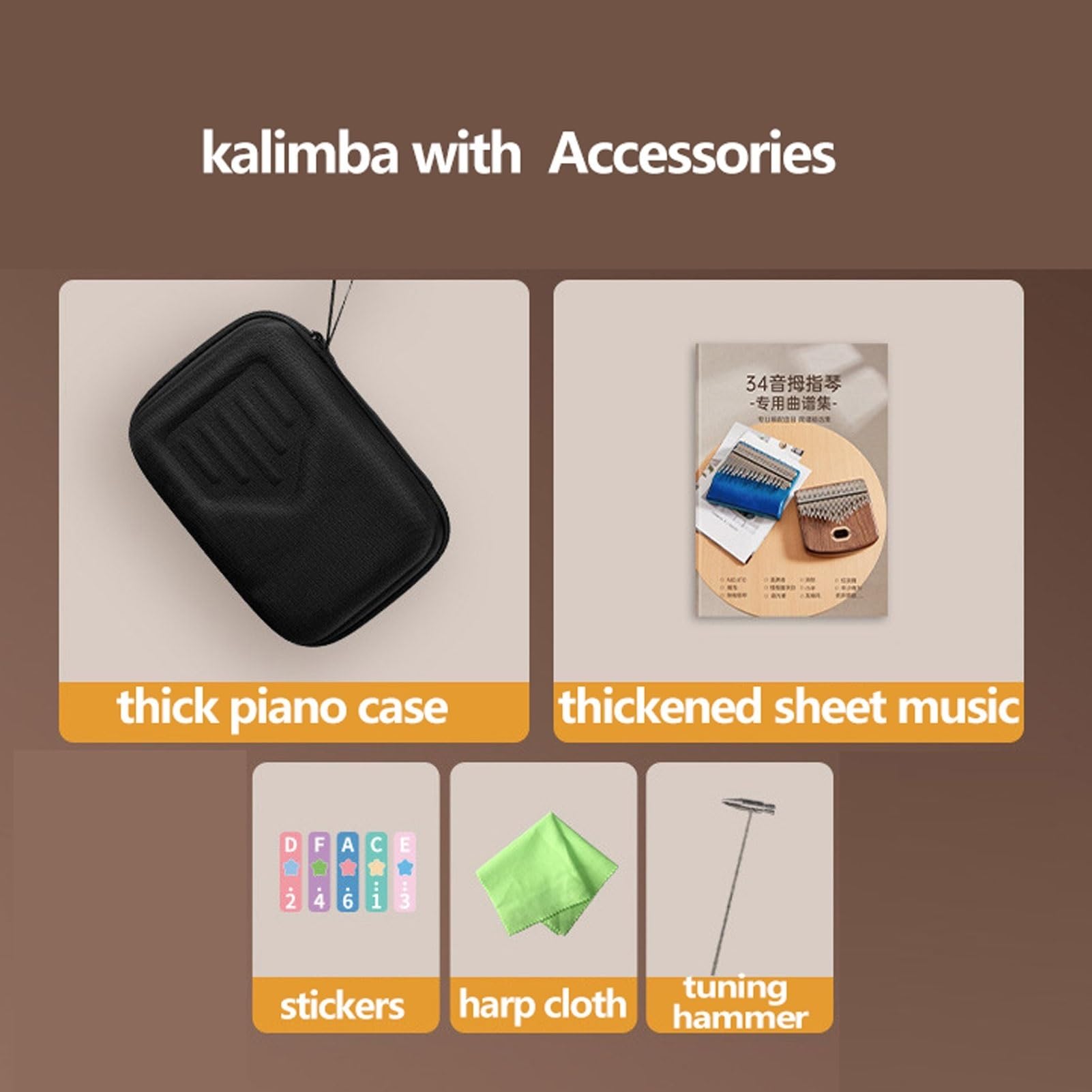 Kalimba 34 Touches Piano à Doigts En Bois Piano à Pouces Instrument De Musique Débutant Portable Avec Marteau D'accord, Couvre-Doigts Et Sac De Transport(34 tones-reddish-brown)