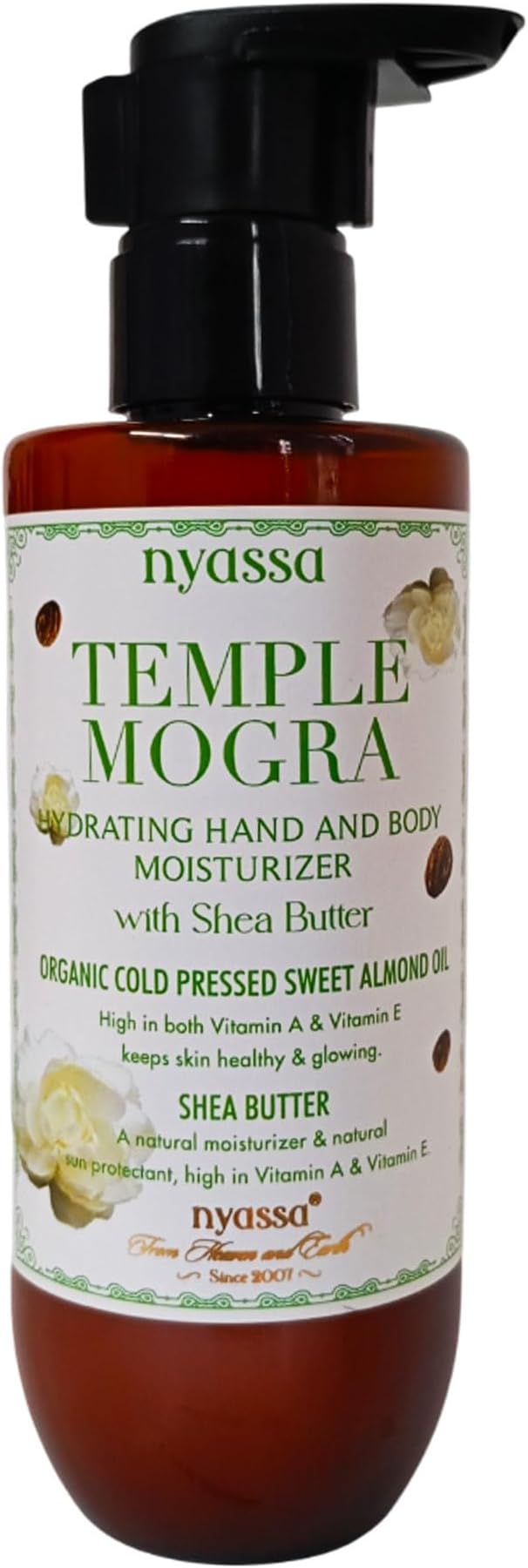Temple Mogra Hand and Body Moisturizer with Shea Butter & Organic Sweet Almond Oil |For skin healthy & glowing | No Parabens, Sulphates, Vegetarian. Cruelty-free. (200ml)