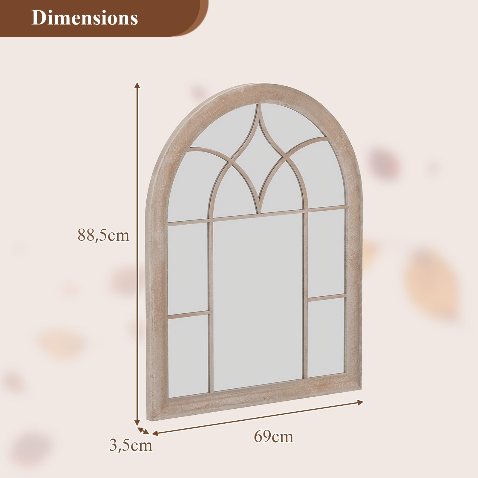 LIFEZEAL Espejo Decorativo arqueado de Pared, Espejo con Marco de Metal rústico y Cristal de Alta definición, decoración con Motivos de celosía para Sala de Estar, Dormitorio (69 x 3,5 x 88,5)