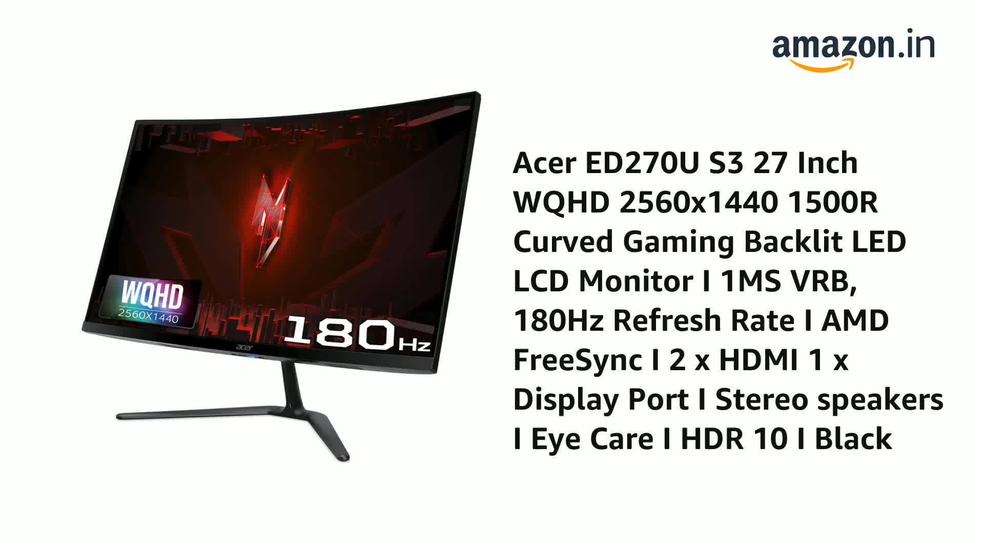 【美品】 Acer ED270U 27インチ 曲面モニター Acer ED270U S3 27 Inch WQHD 2560x1440 1500R Curved Gaming Backlit