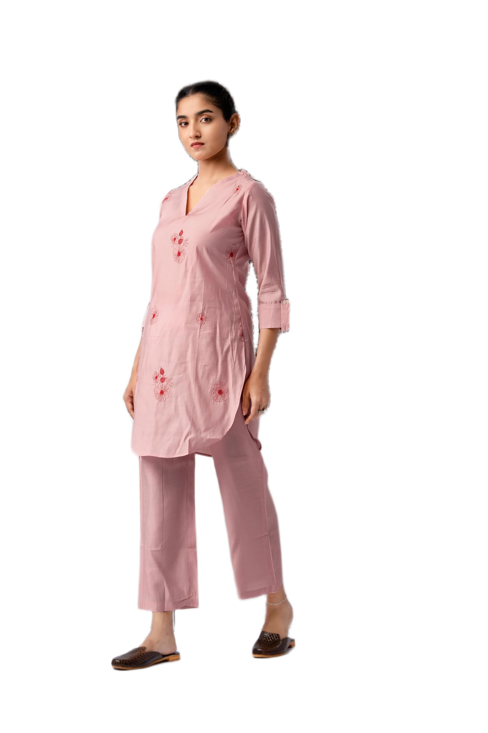 Women's Pink Embroidered Co-Ord Set | Viscose Rayon V-Neck Top with Floral Embroidery and Matching Trousers | Stylish Ethnic Fusion Wear-image-30