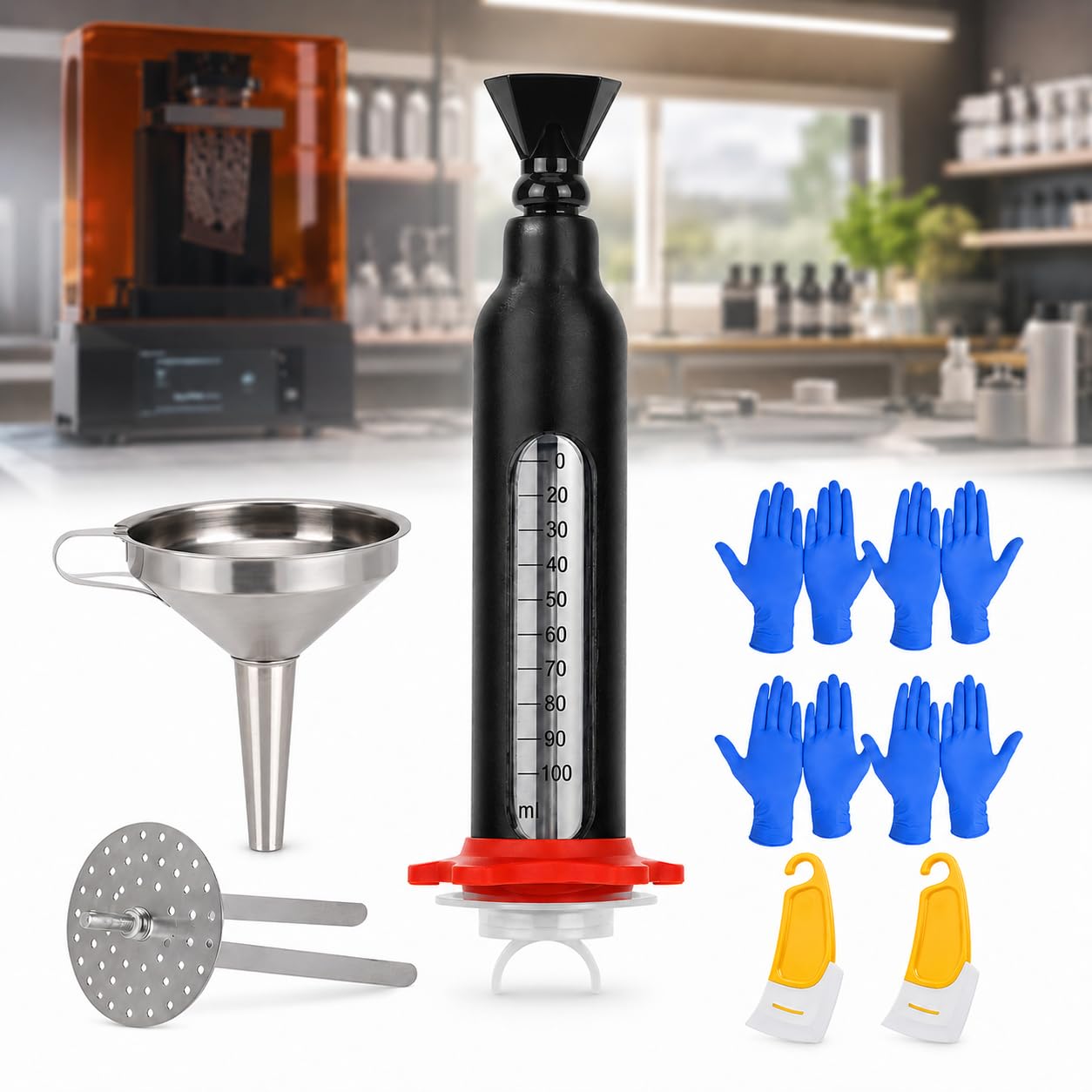 TsoLay Manual Resin Pump, 3D Printer Resin Recovery Pump with 100mL Large Capacity, 360° Suction Nozzle, Clear Measurement Scale for Filtering and Recycling SLA/DLP/LCD Photosensitive Resin