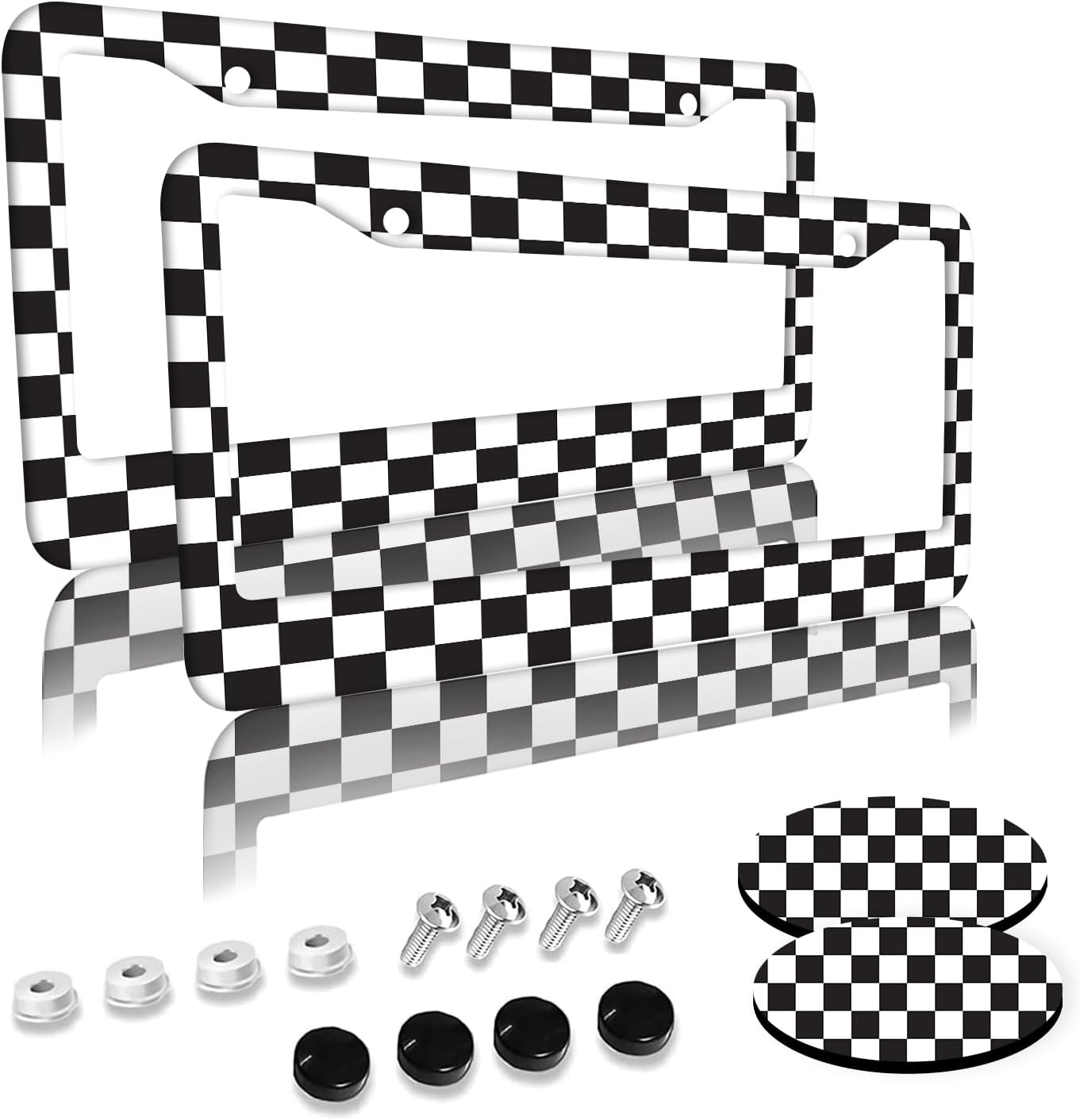 Black and White Checkered Pattern License Plate Frames 2 Pack 2 Holes Aluminum License Plate Cover with 2 Pcs Car Coasters and Screw and Black Screw Caps for Girl Women Men Gifts