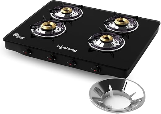 Lifelong 4 Burner Gas Stove with Free Gas Saver | Manual Ignition Cooktop, Modern Glass Stove Top for Modular Kitchen, ISI Certified & Compatible…