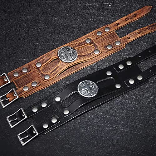 NIGHTCRUZ Wide Leather Bracelet with Cross, Medieval Leather Cuff Wristband for Mens4