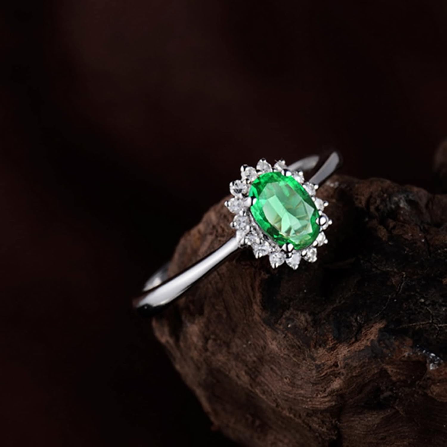 Engagement Ring 18K White Gold, Delicate Ring Flower 4 Prong 0.5ct Oval Cut Emerald with 0.11ct Diamond Rings Engagement Gifts for Women