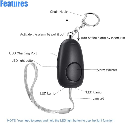 Miniatura 6 de Alarma personal de sonido seguro, alarma personal recargable de emergencia de 130 dB, llavero de alarma de seguridad con 2 luces LED, para mujeres,