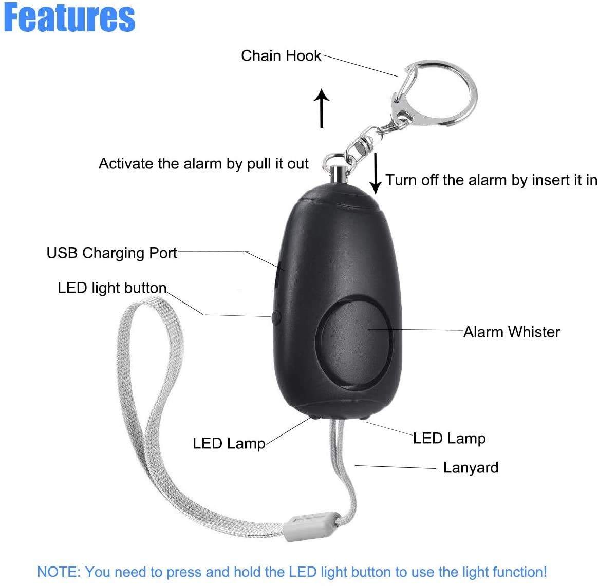 Lot de 3 alarmes personnelles rechargeables d'urgence 130 dB avec 2 lumières LED, pour femmes, hommes, enfants, personnes âgées - Noir