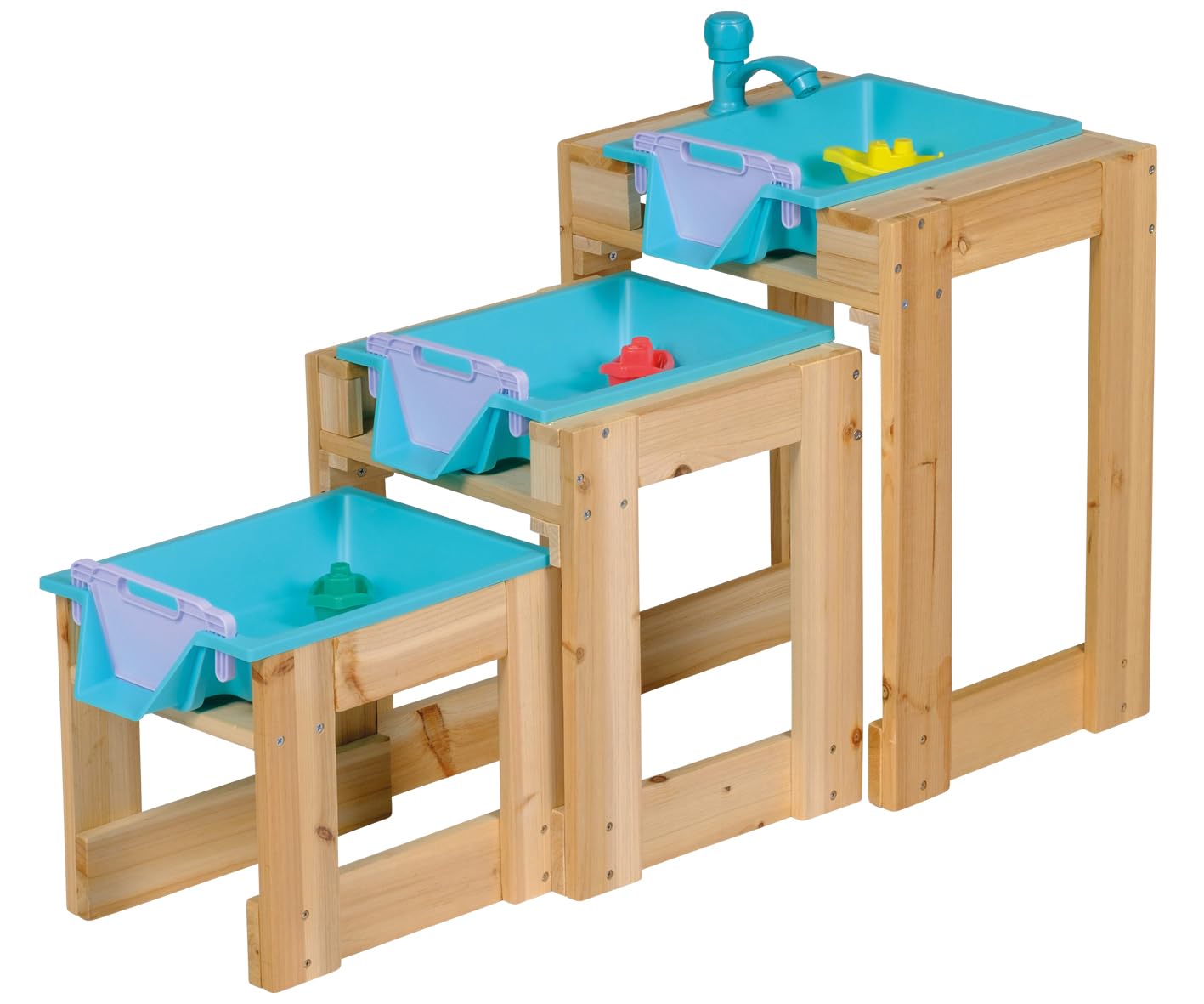 Wasserspieltisch mit Wasserhahn und 3 Boote, Wassertisch Kinder Outdoor aus Naturholz mit Wasserbecken, Schlauchanschluß, 3 Wasserbecken für Wasserfall und Staudamm