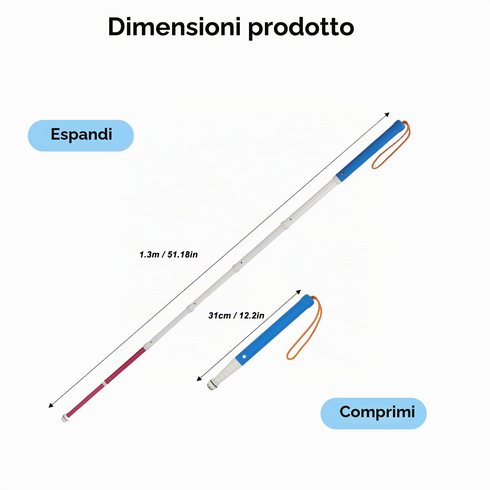 Bastone da passeggio telescopico per ciechi, con custodia, bastone telescopico da 129,5 cm, antiscivolo, antiurto, retrattile, pieghevole, riflettente, per anziani con problemi di vista