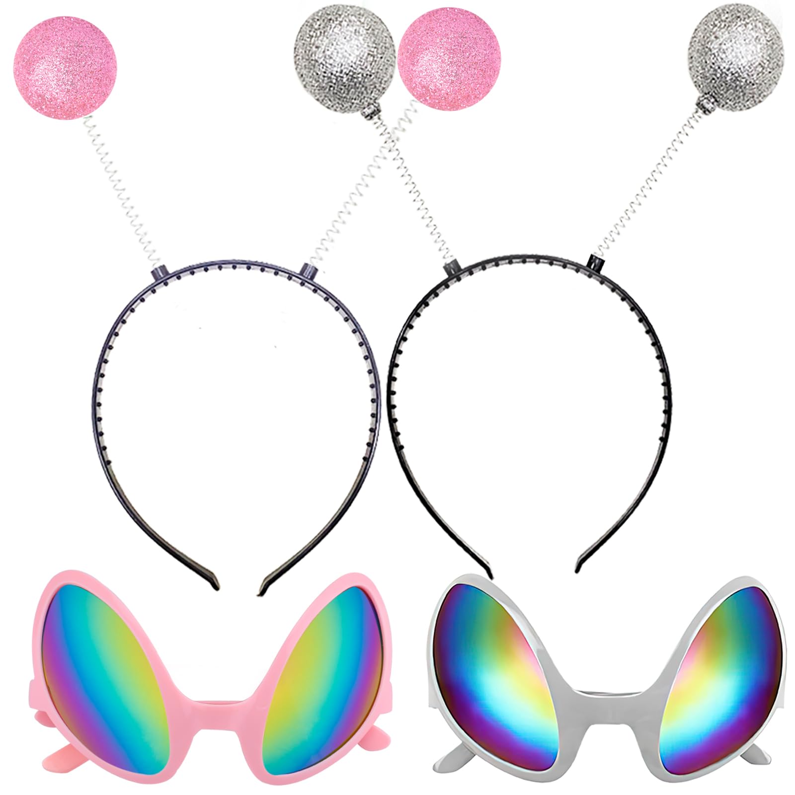 Poptrend 2 Pairs Alien Headband and Glasses,Alien Rainbow Lens Sunglasses,Headband Boppers Antenna for Adults and Kids