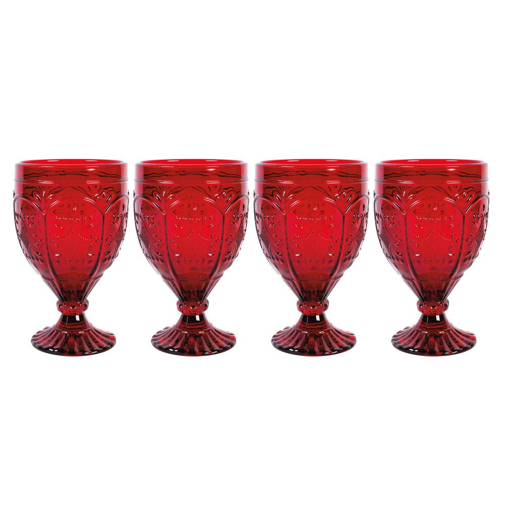 Fitz and Floyd Trestle Glassware Ornate Goblets, Set of 4, Red