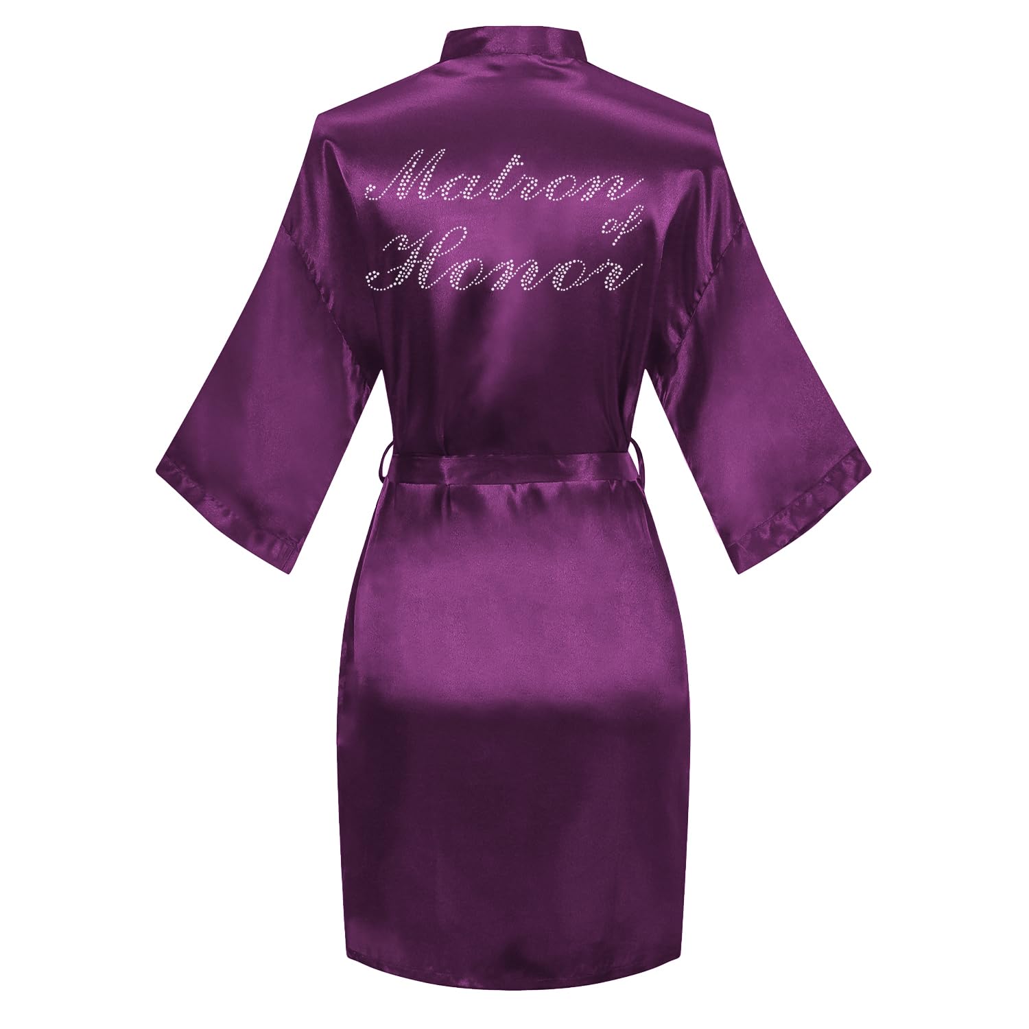 Women's Satin Robe Bride Bridesmaid Short Kimono Robes with Silver Rhinestones for Wedding Party Getting Ready