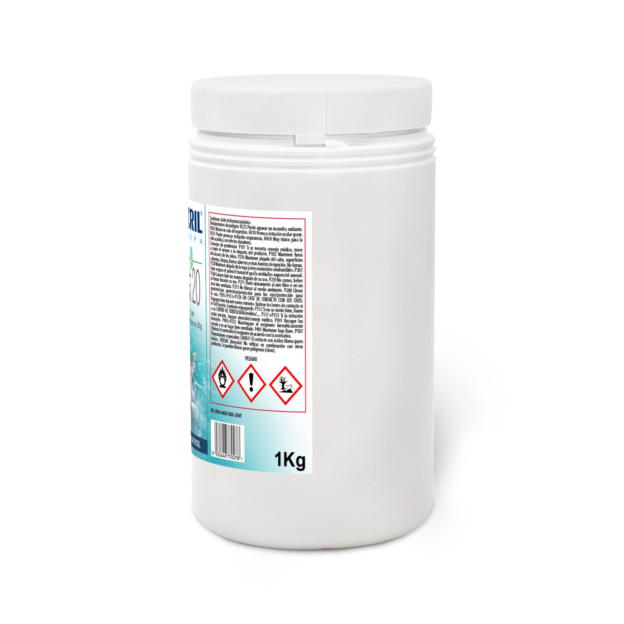 Metacril Chlor Net 20 + Dos. Galleggiante, Tricloro past. da 20gr -(1+1)2Kg | Tavolette cloro a lenta dissoluzione, Ideale per Piscina e Spa Idromassaggio con Dosatore Galleggiante con Termometro