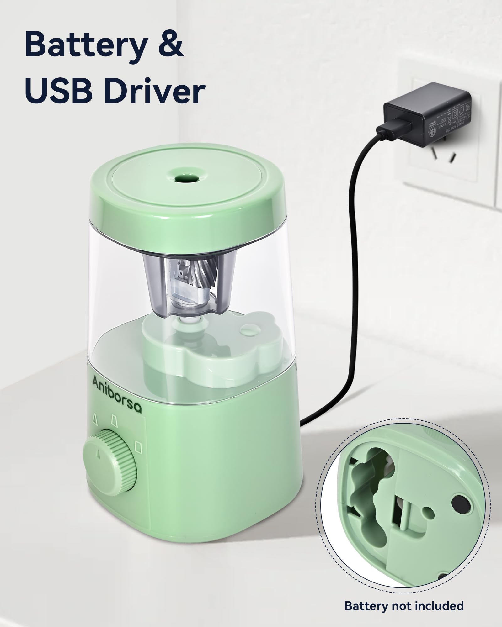 Elektryczna temperówka do ołówków, spiralne ostrze, automatyczna temperówka do ołówków, zasilana baterią/kablem USB, regulowana ostrość do ołówka 6-8 mm, klasy, szkoły, biura, domu, zielona