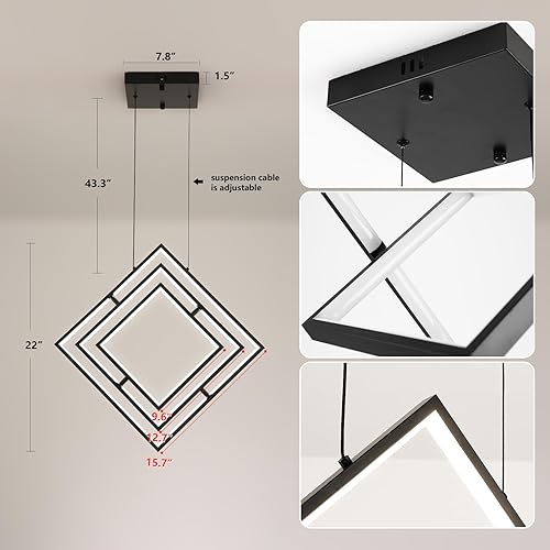 Miniatura 5 de Moderno candelabro LED negro regulable con luz colgante LED para isla de cocina, candelabros cuadrados para comedor, lámparas colgantes