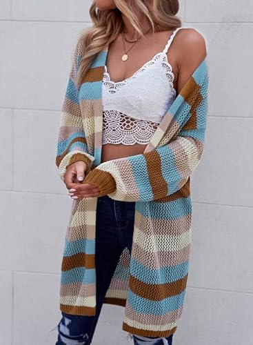 Dokotoo Multicolor Striped Cardigan For Women Long Puff Sleeve Crochet Knit Cardigan Sweaters Color Block Bathing Suit Cover Ups Lightweight Kimono Open Front Coat Large #TOP4