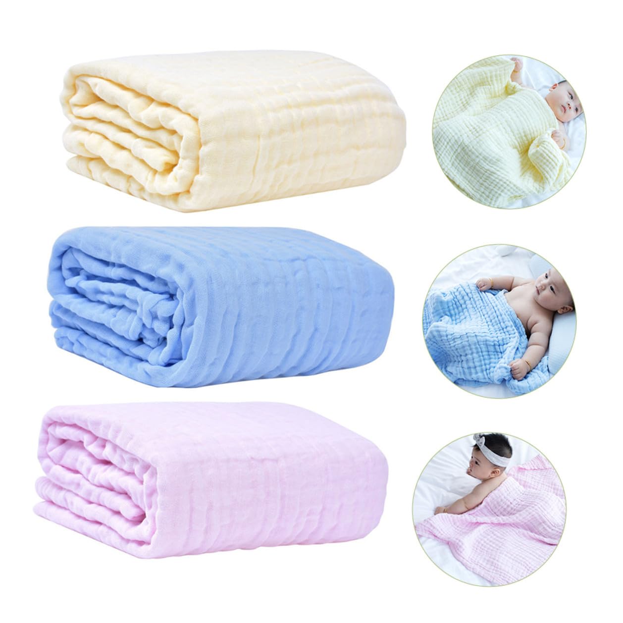 3 Stück Teiliges Babydecke aus Reiner Baumwolle Weiche Musselin Pucktücher in Rosa Gelb und Blau Atmungsaktiv Kuschelig und Vielseitig als Swaddle Empfangs Wickeldecke für