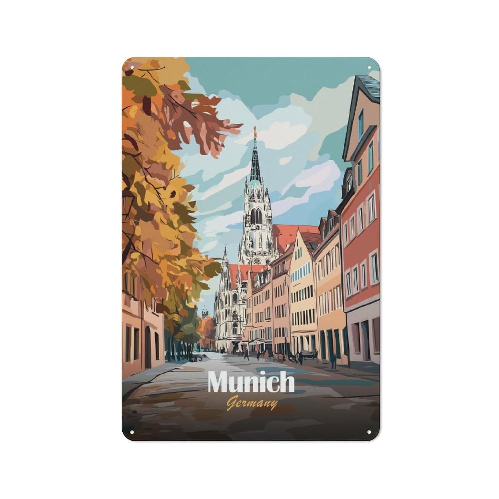 Junmoney Style-21 Munich Cityscape Illustration Retro Metal Sign 30X20cm For Garage Or Workshop, With Clear Retro Wall Decor Character