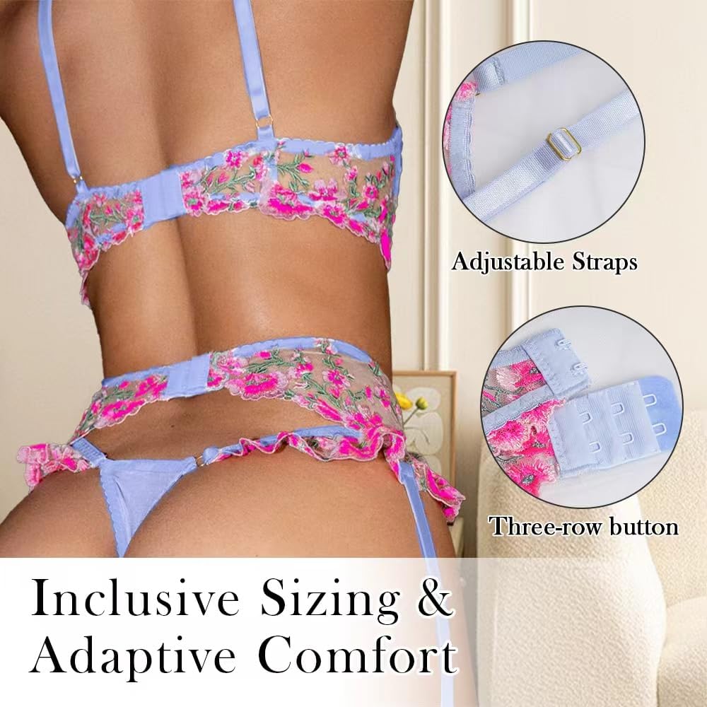 Sexy Lingerie Set for Women,Lace Womens Lingeries flower Teddy Lingerie 3 Piece with Garter Belt - Image 4