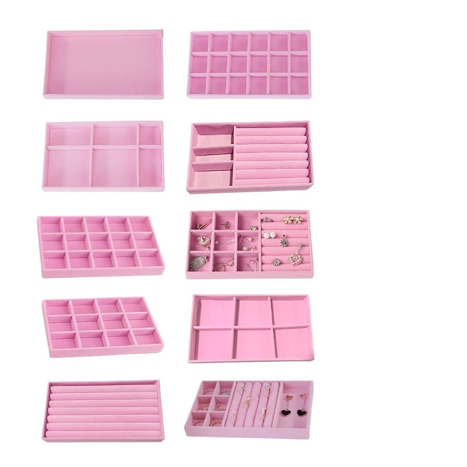 Plateau à bijoux en velours 1 ensemble (y compris 8/10 pièces) boîte à bijoux floquée, Option d'affichage de plateau(Pink-A10)